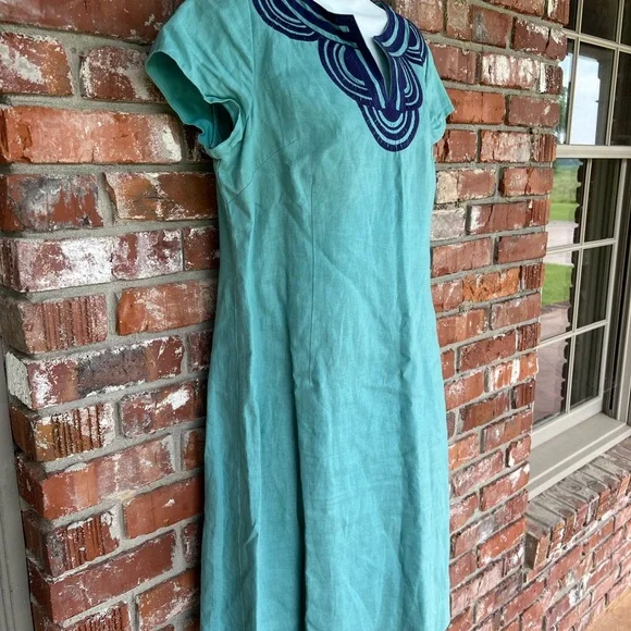 Boden teal Midi linen dress with Blue accents size 8 - Picture 4 of 8